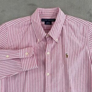 Polo Ralph Lauren Oxford Shirt Women 10 Pink Striped OCBD Flesh Pony Preppy Slim
